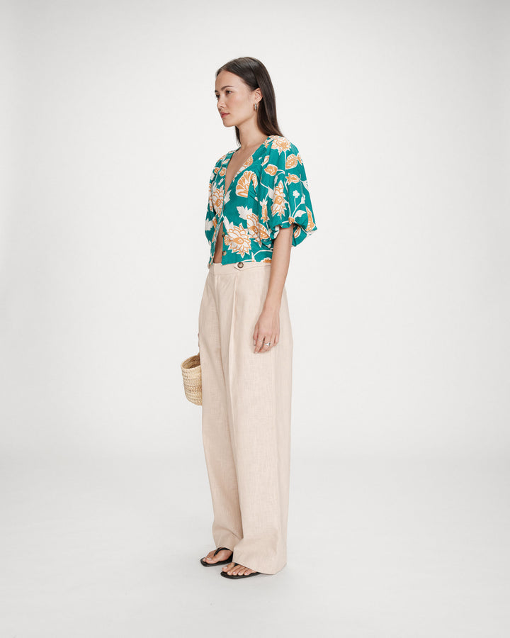 Floral linen V-neck top vert Vahe
