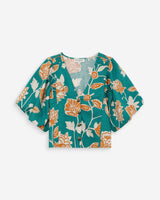 Floral linen V-neck top vert Vahe