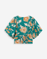 Floral linen V-neck top vert Vahe