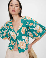 Floral linen V-neck top vert Vahe
