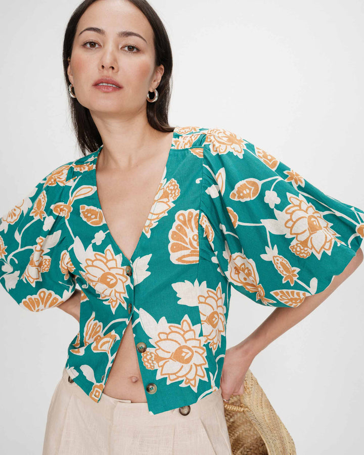 Floral linen V-neck top vert Vahe