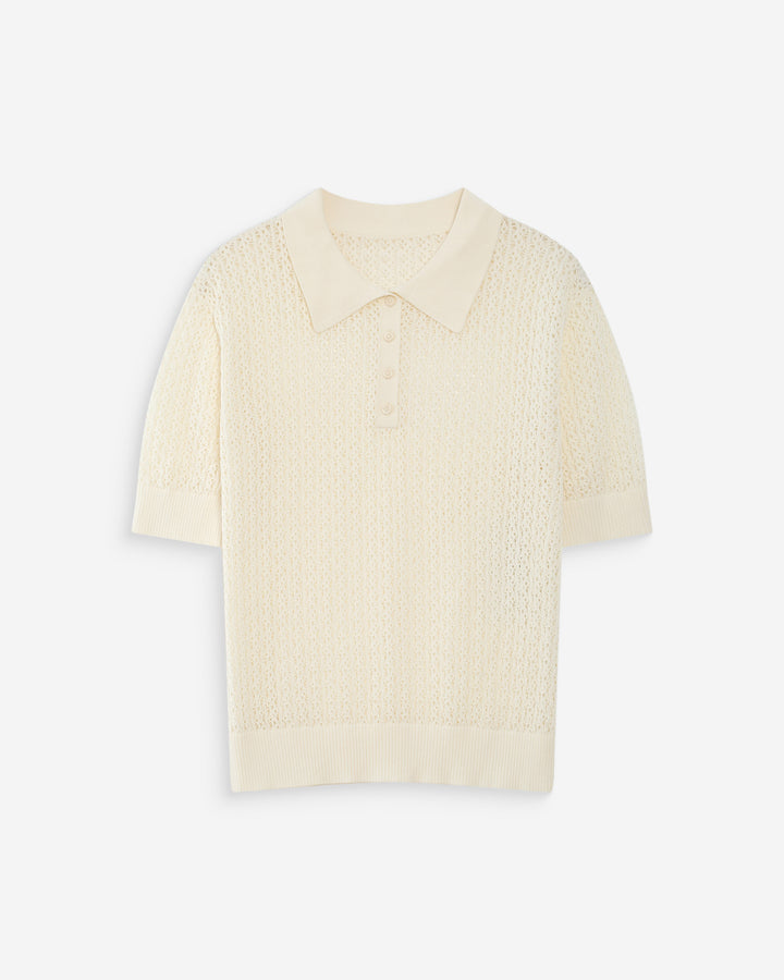 Polo en fine maille ajourée manches courtes ecru Vathi