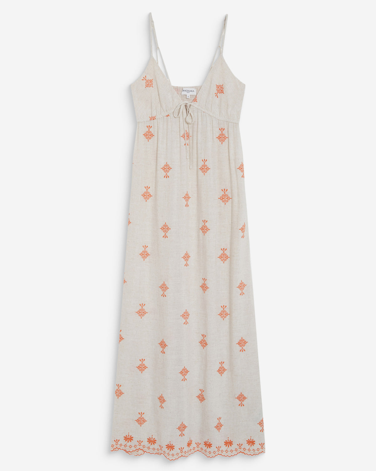 Robe longue bohème évasée à broderies orange Wilora