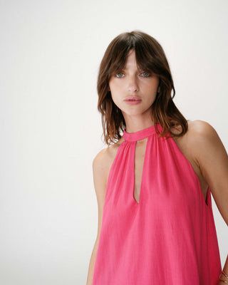 Robe courte évasée en lin dos à nouer fuchsia Whola