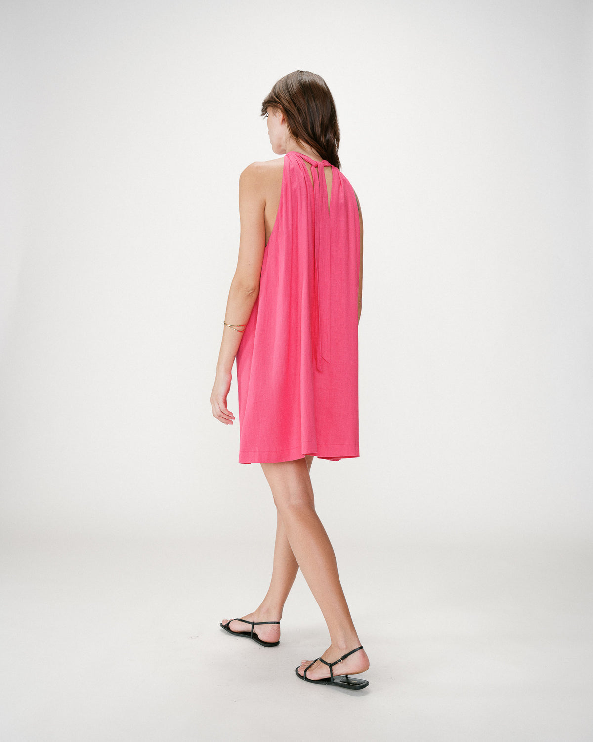 Robe courte évasée en lin dos à nouer fuchsia Whola