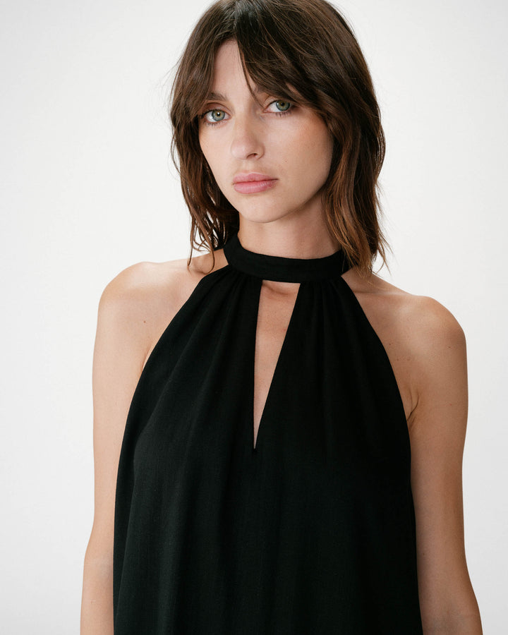 Robe courte évasée en lin dos à nouer noir Whola