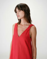 Robe courte évasée en lin col V rouge Wynette