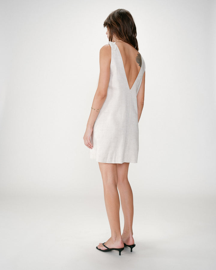 Robe courte évasée en lin col V sable Wynette