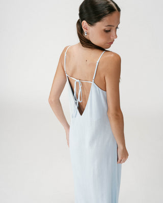 Long linen dress with V-neck and tied open back ciel Wendra