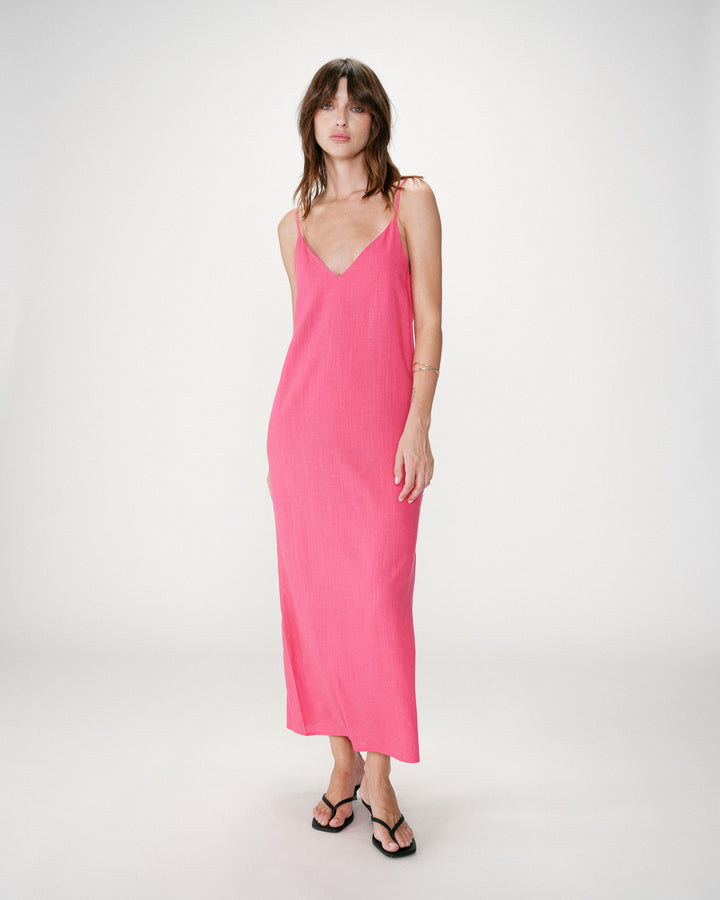 Robe longue en lin col V dos nu à nouer fuchsia Wendra