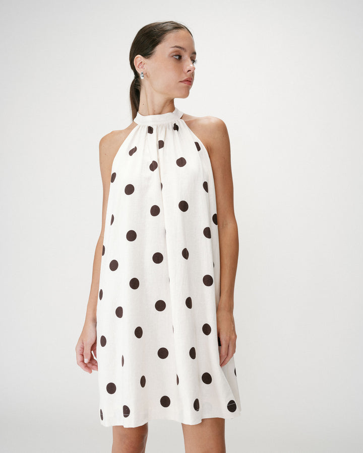 Robe courte à pois évasée sans manches ecru Warna
