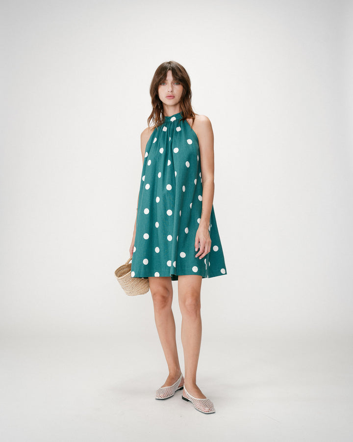 Robe courte à pois évasée sans manches emeraude Warna
