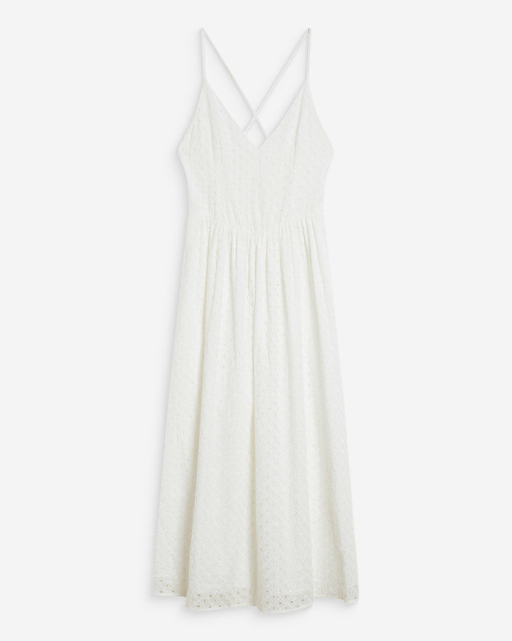 Flared long V-neck eyelet dress white Wimala