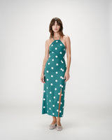 Fitted polka dot long dress with open back emeraude Wyella