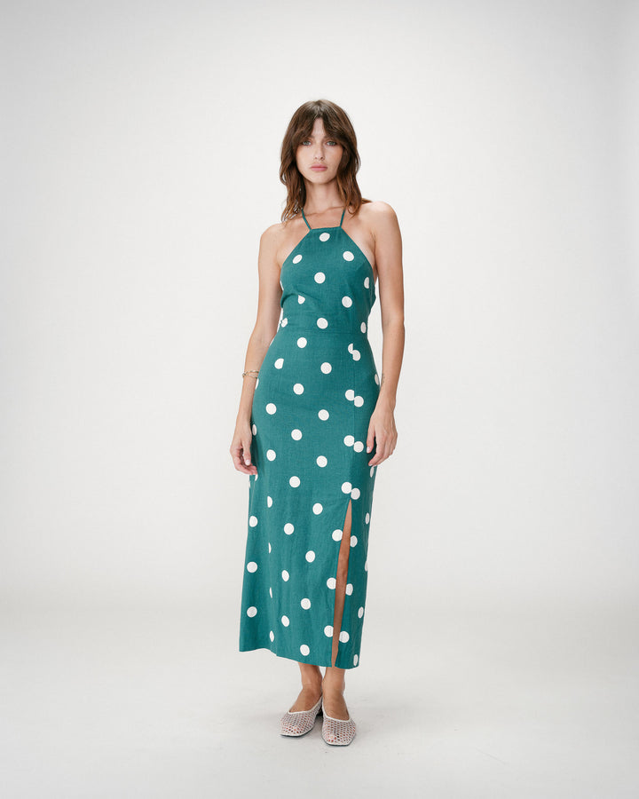 Fitted polka dot long dress with open back emeraude Wyella
