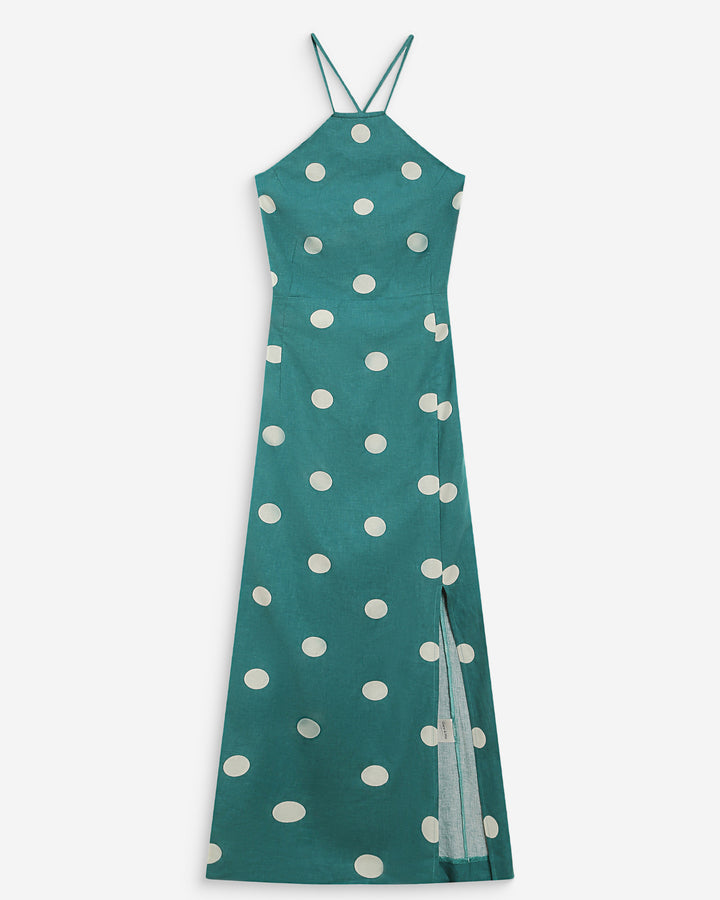 Fitted polka dot long dress with open back emeraude Wyella