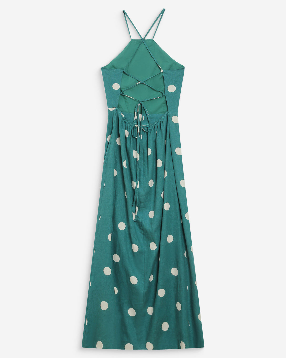 Fitted polka dot long dress with open back emeraude Wyella