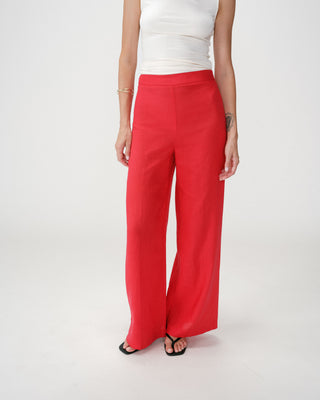 High-waisted straight linen pants with wide legs rouge Wesley