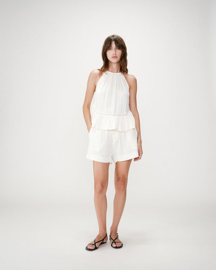 Short large taille haute en gaze de coton ecru Wasabi