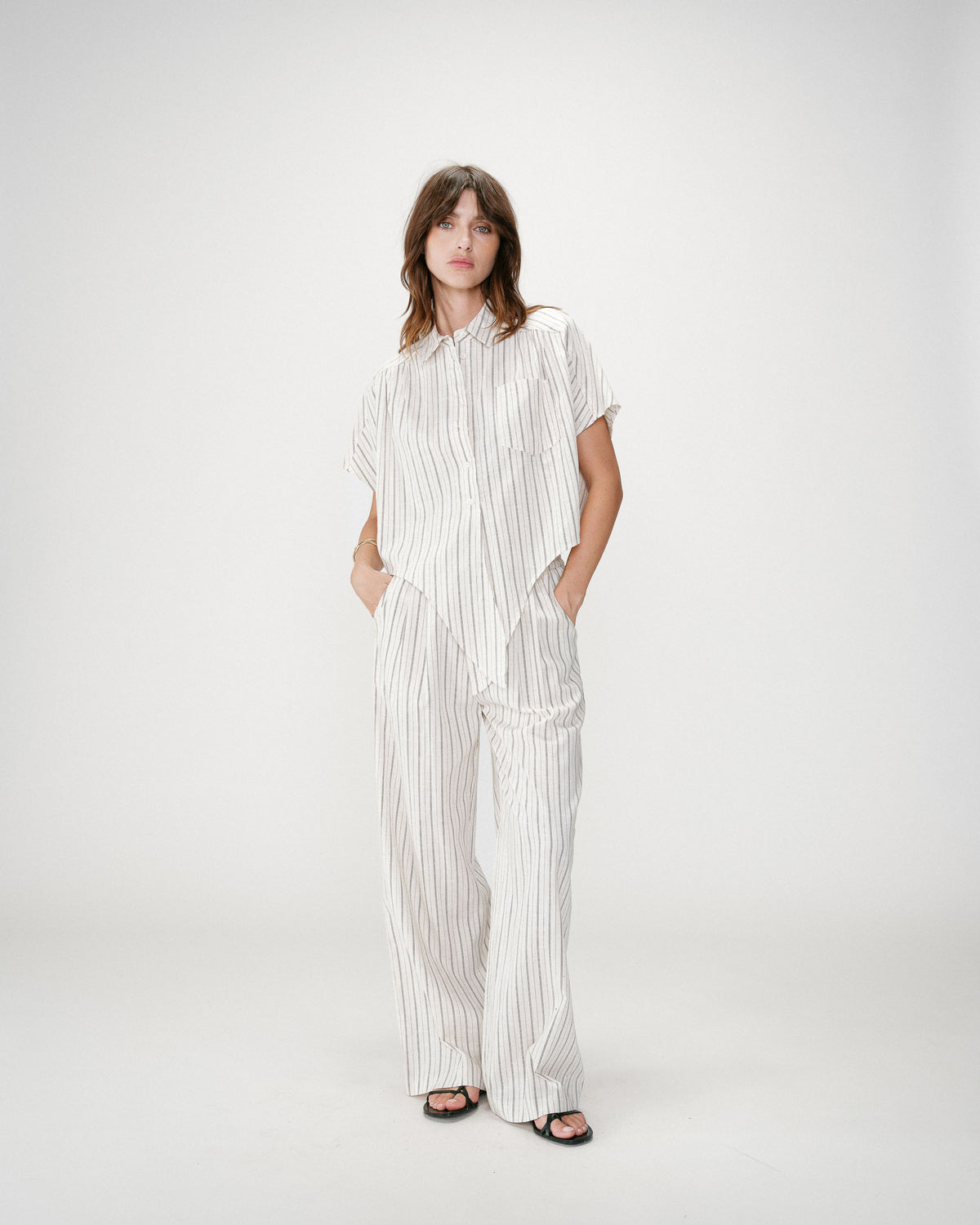 Pantalon ample en lin et tencel rayé sable Weston