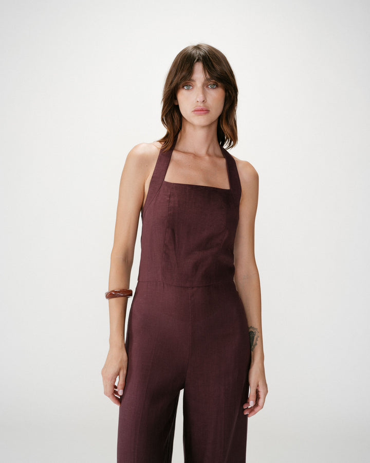 Straight-leg jumpsuit with square neckline chocolat Wish