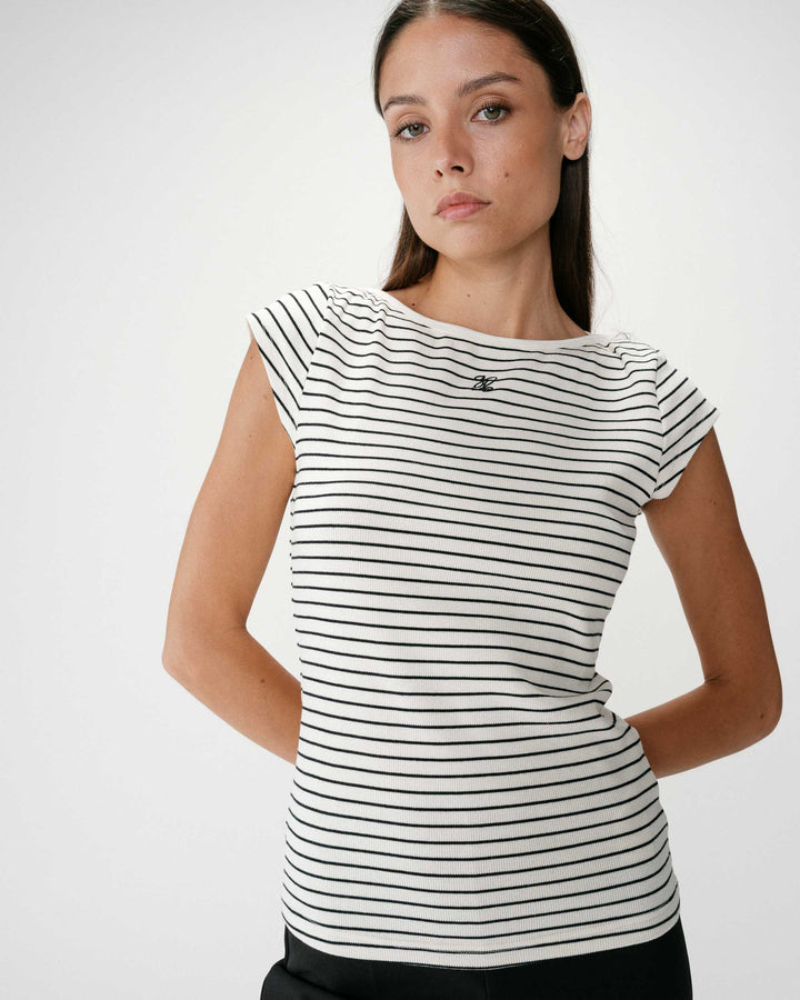 T-shirt col bateau ajusté à rayures ecru Wake