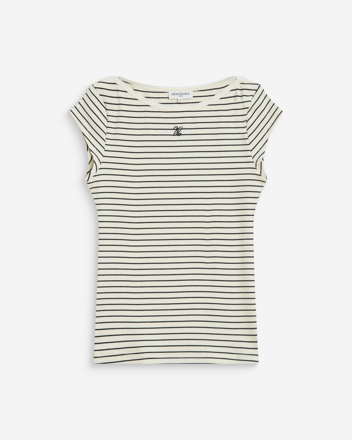 T-shirt col bateau ajusté à rayures ecru Wake