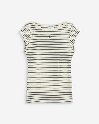 T-shirt col bateau ajusté à rayures ecru Wake