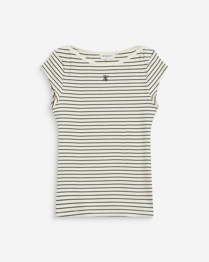 T-shirt col bateau ajusté à rayures ecru Wake