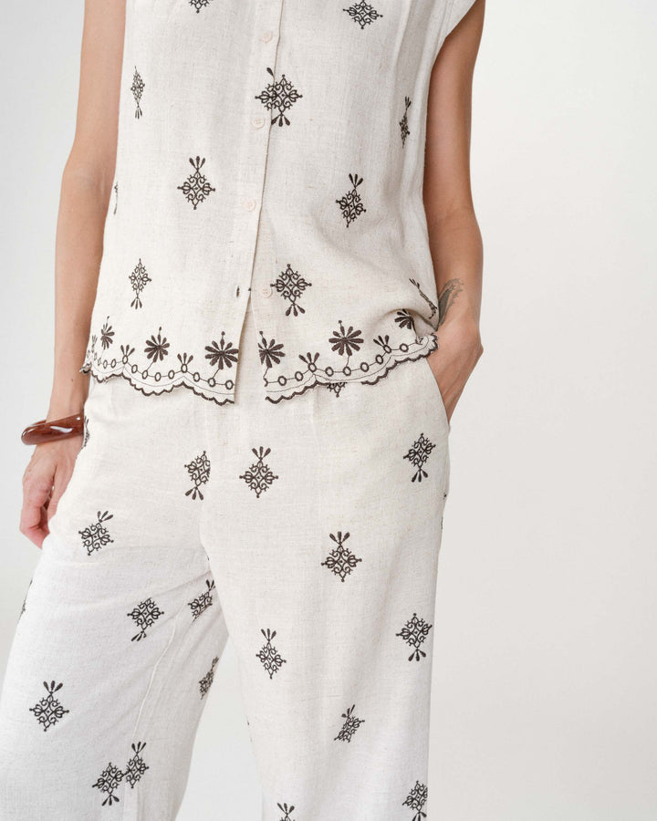 Sleeveless embroidered pattern shirt chocolat Wisenna