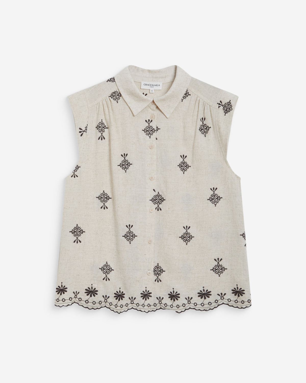 Sleeveless embroidered pattern shirt chocolat Wisenna
