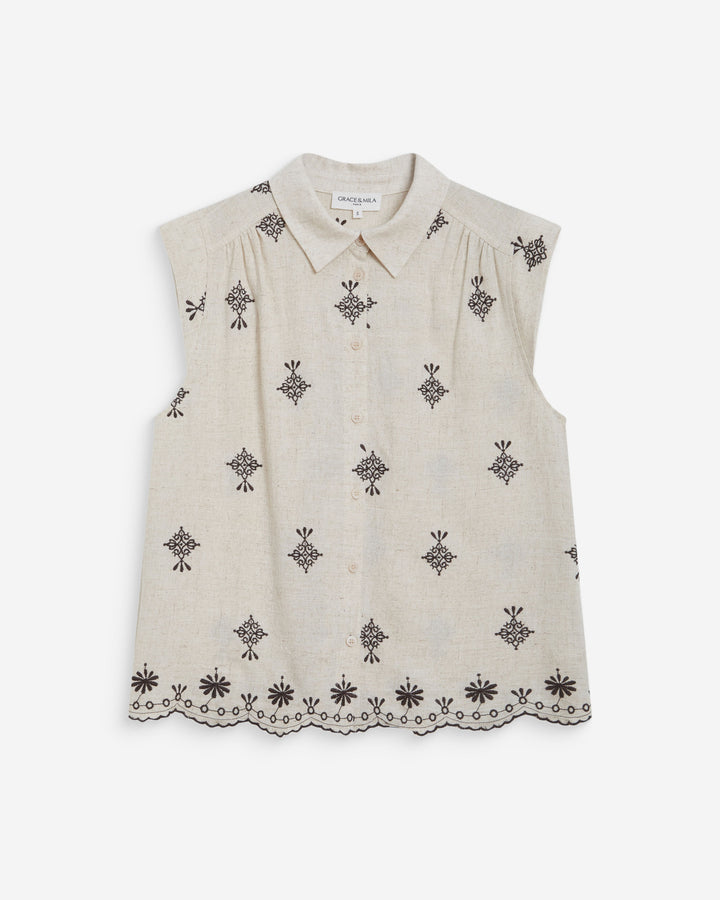 Sleeveless embroidered pattern shirt chocolat Wisenna