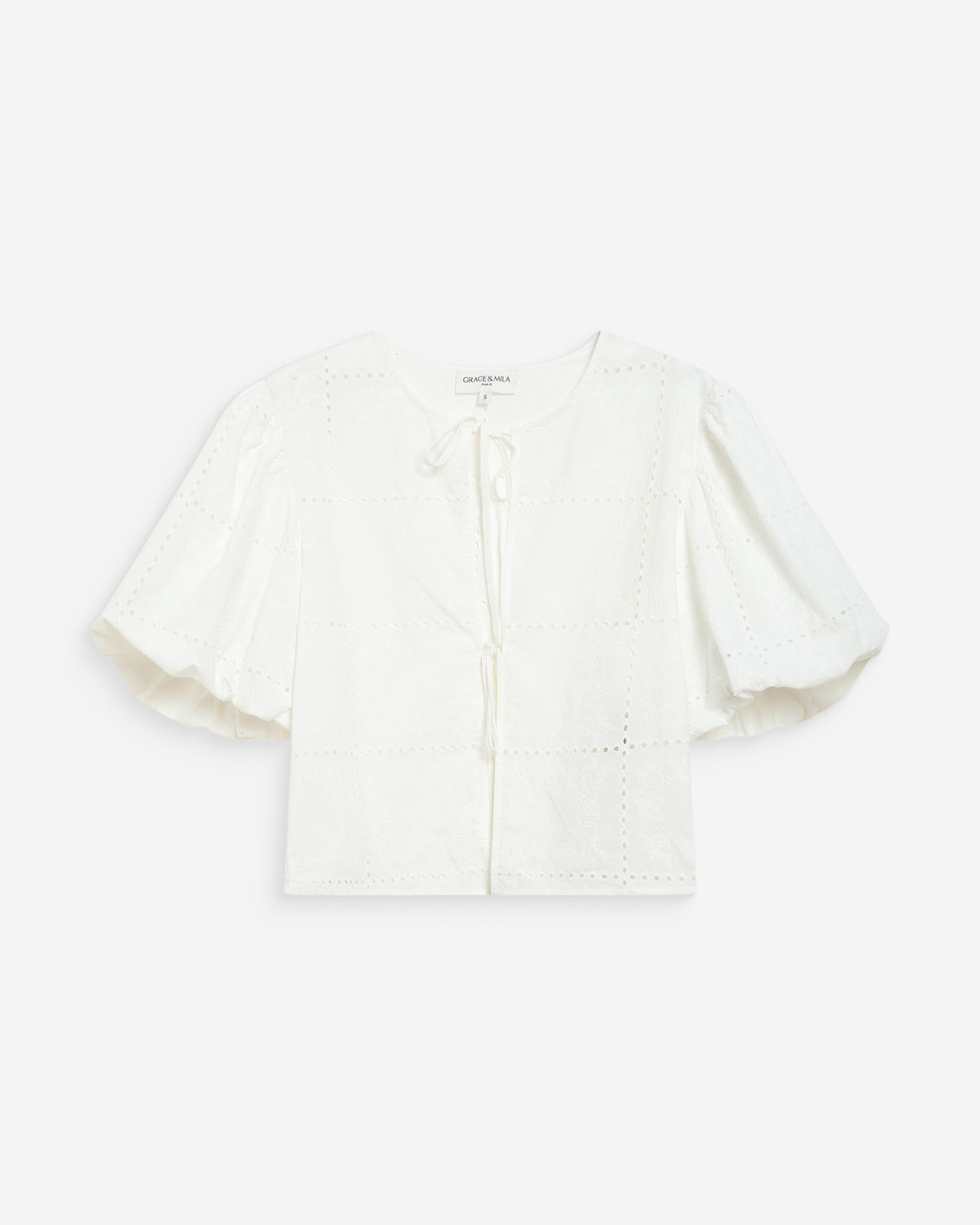 Blouse brodée à nouer manches ballon white Wylette