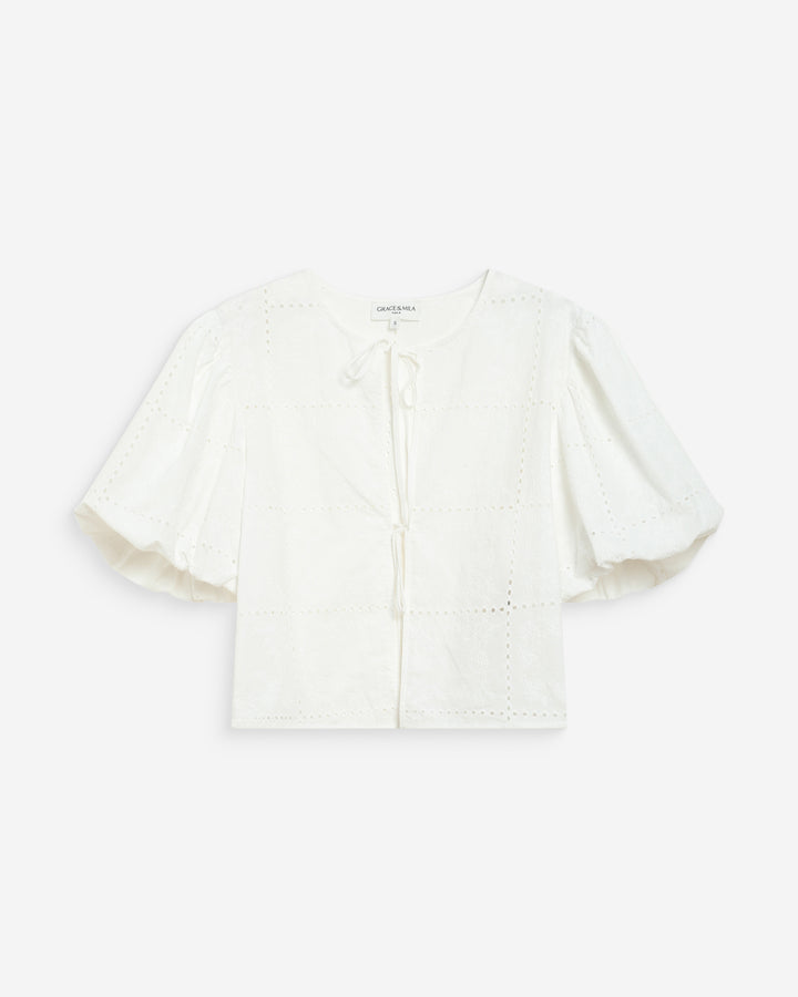 Blouse brodée à nouer manches ballon white Wylette
