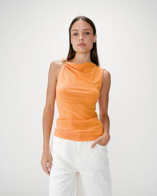 Sleeveless asymmetric draped top orange Wagner