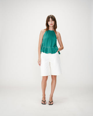 Sleeveless ruched cotton gauze top emeraude Widy