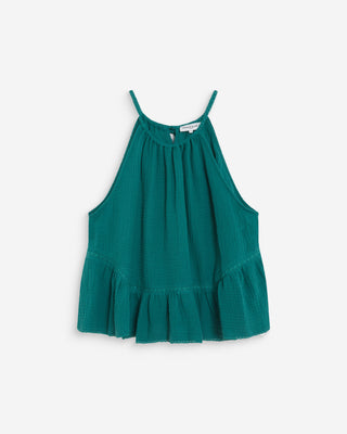 Sleeveless ruched cotton gauze top emeraude Widy