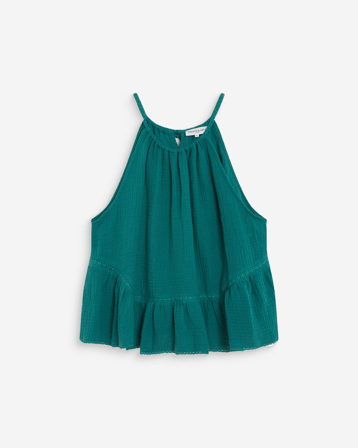 Sleeveless ruched cotton gauze top emeraude Widy
