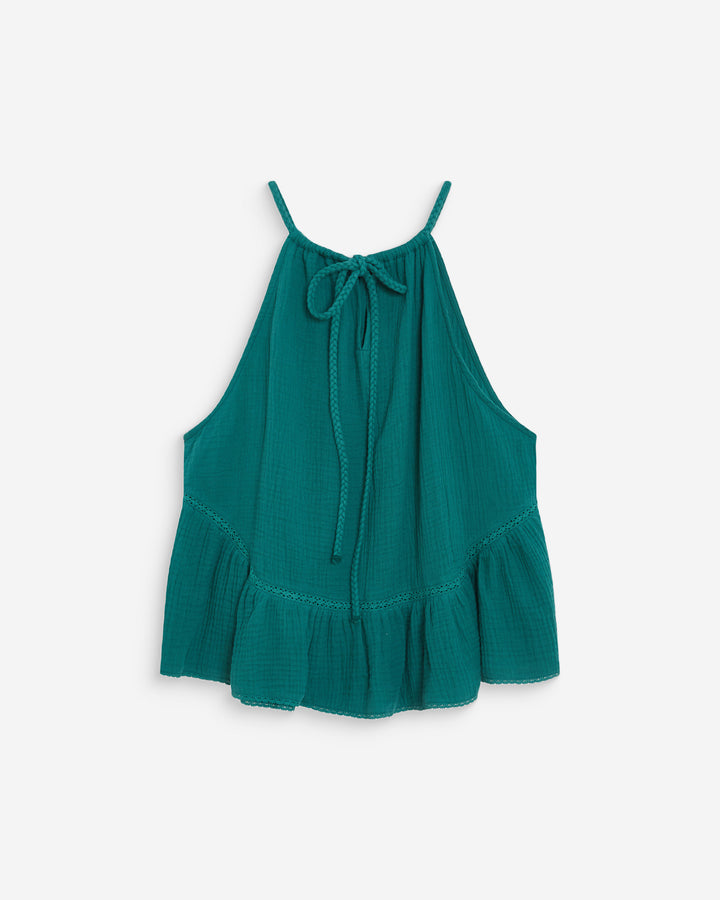 Sleeveless ruched cotton gauze top emeraude Widy