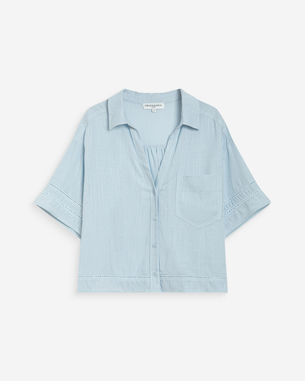 Chemise large manches courtes détails dentelle ciel Winka