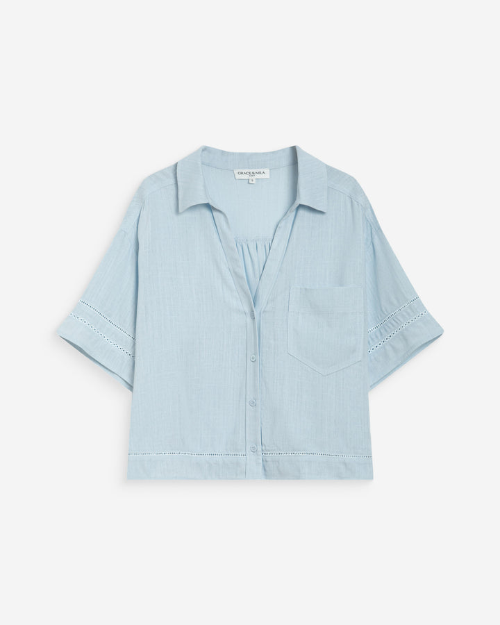 Chemise large manches courtes détails dentelle ciel Winka